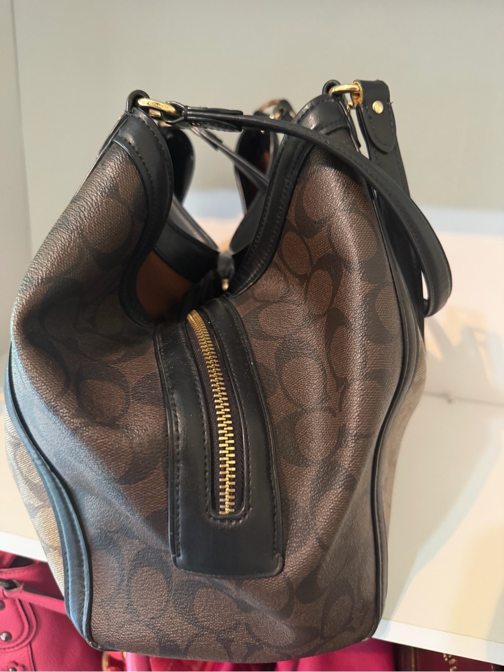Coach Monogram Canvas Shoulder Bag in Brown and Black - Picture 2 of 6